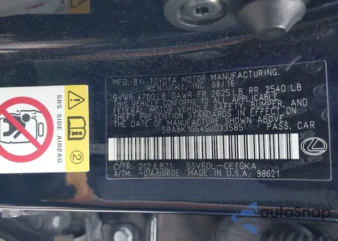 2016 Lexus Es 350 z USA, uszkodzony, nr VIN 58ABK1GG4GU033585